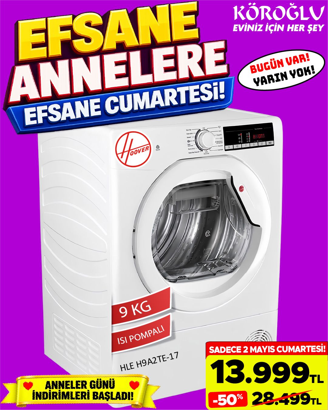 Hoover HLE H9A2TE-17 9 Kg Isı Pompalı Kurutma Makinesi Main image