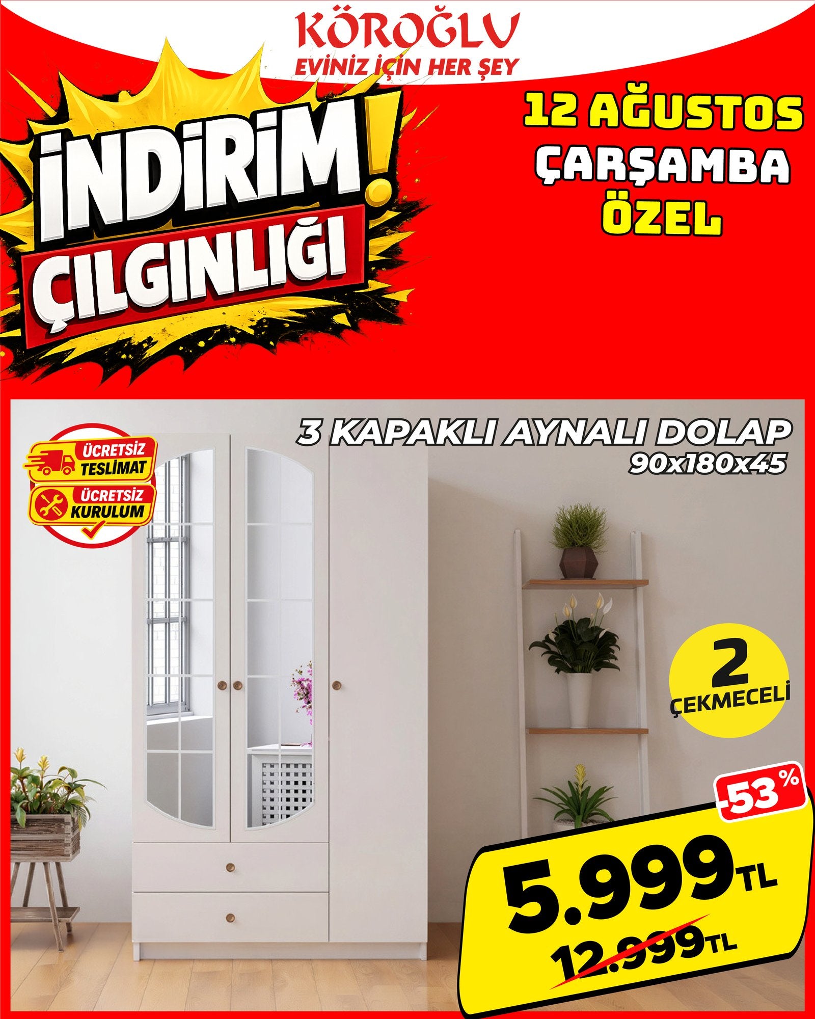 3 Kapaklı Aynalı Dolap 90x180x45 cm Main image
