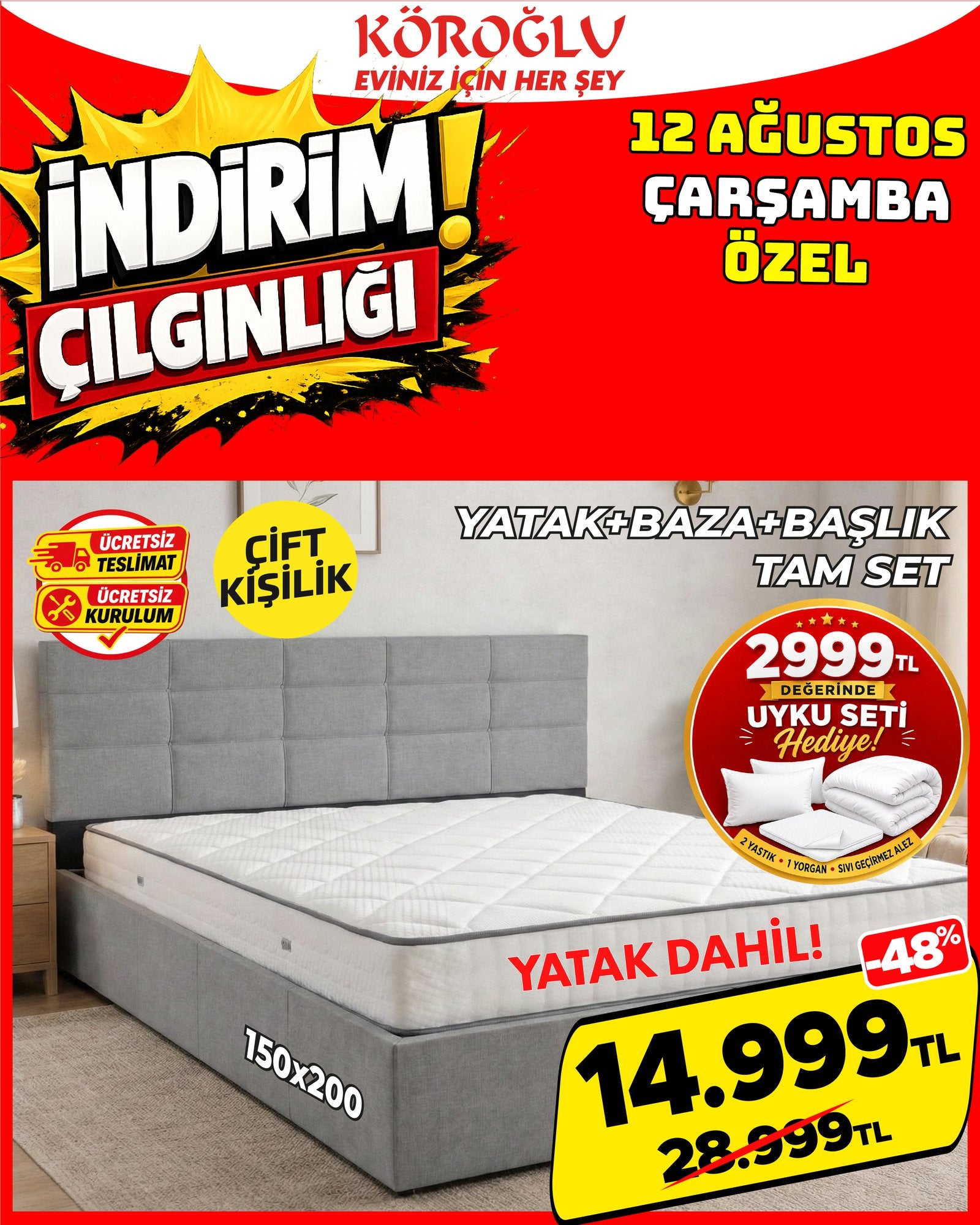 Çift Kişilik Yatak Baza Başlık Tam Set 150x200 cm Main image