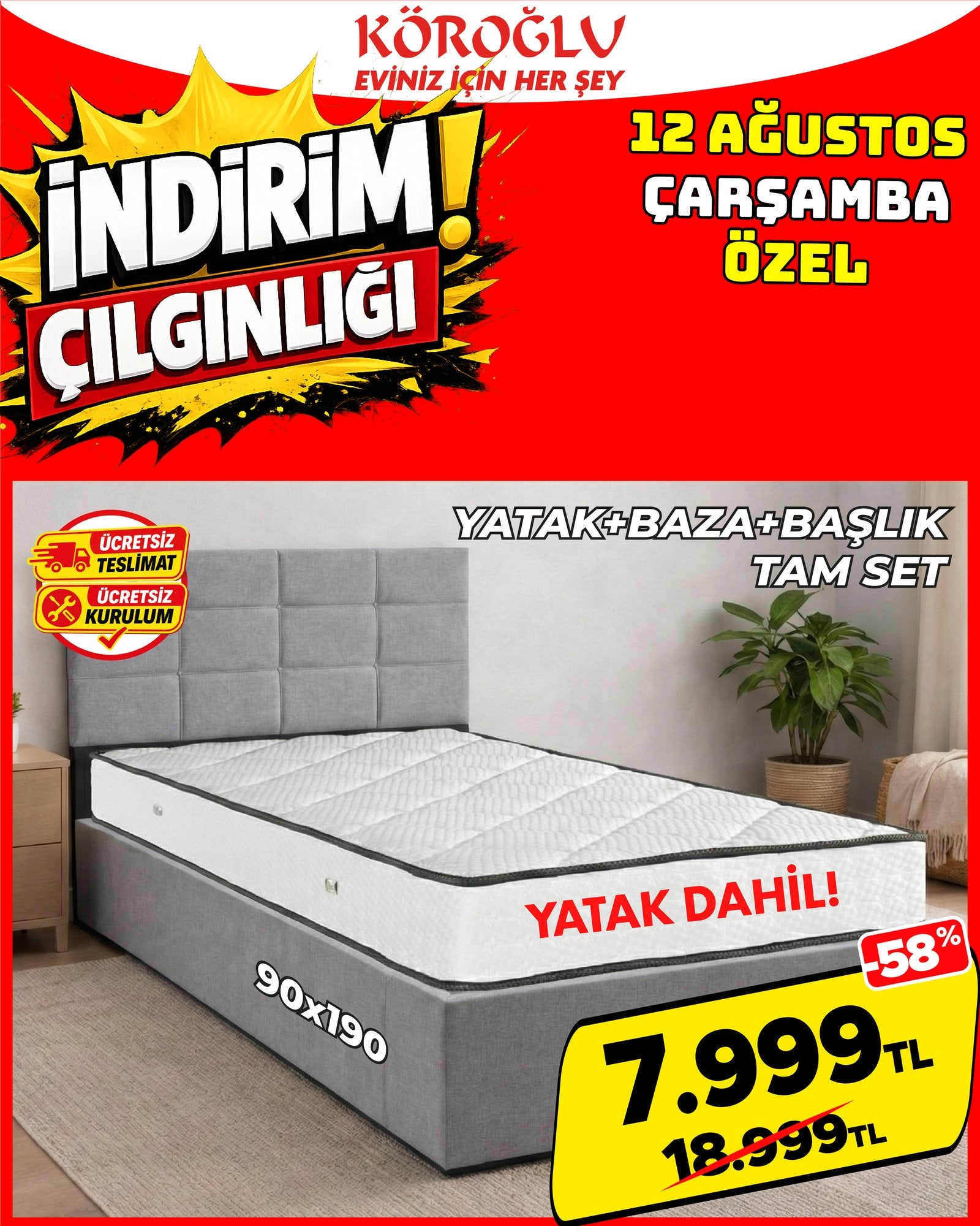 Tek Kişilik Yatak Baza Başlık Tam Set 90x190 cm Main image