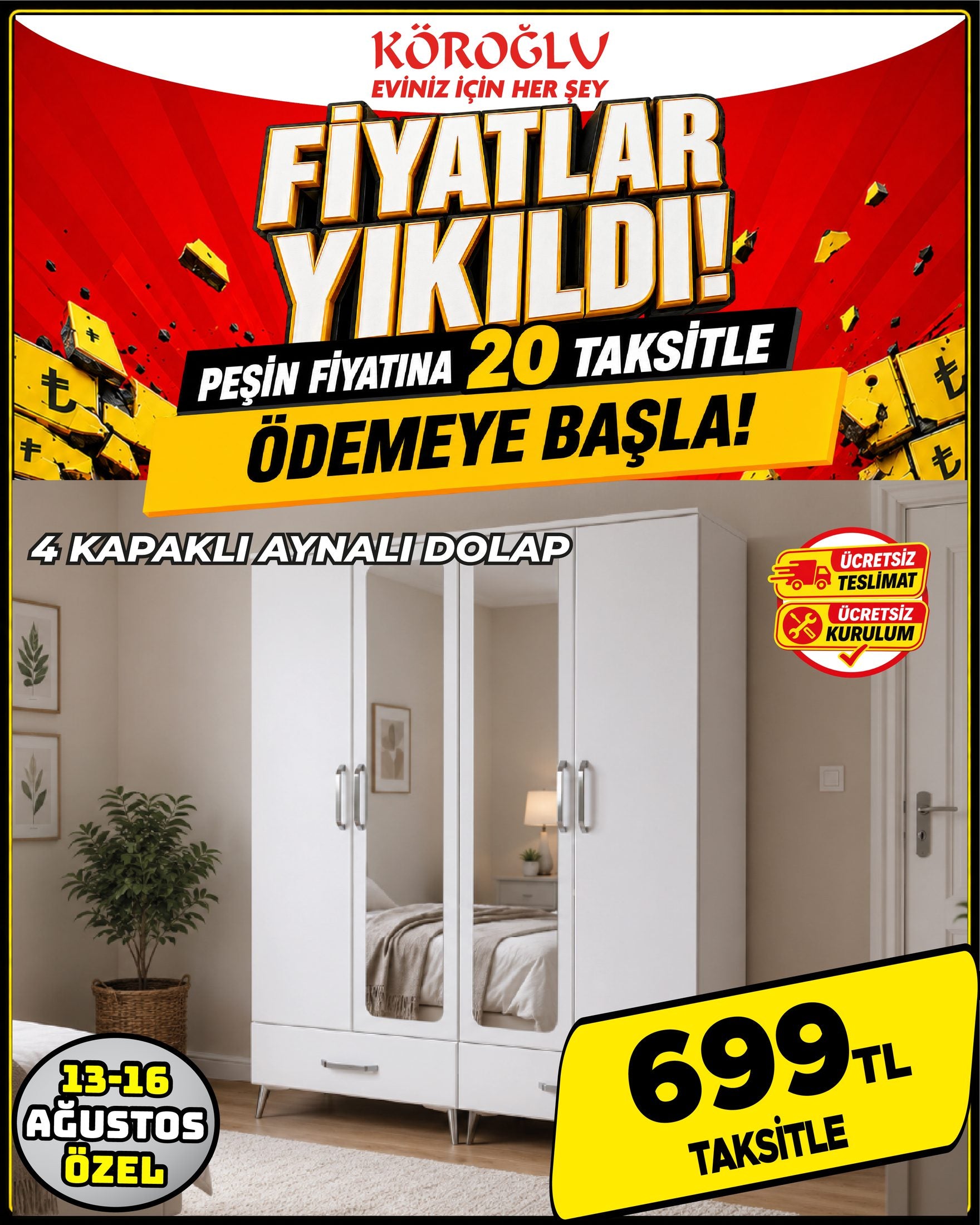 4 Kapaklı Aynalı Dolap
