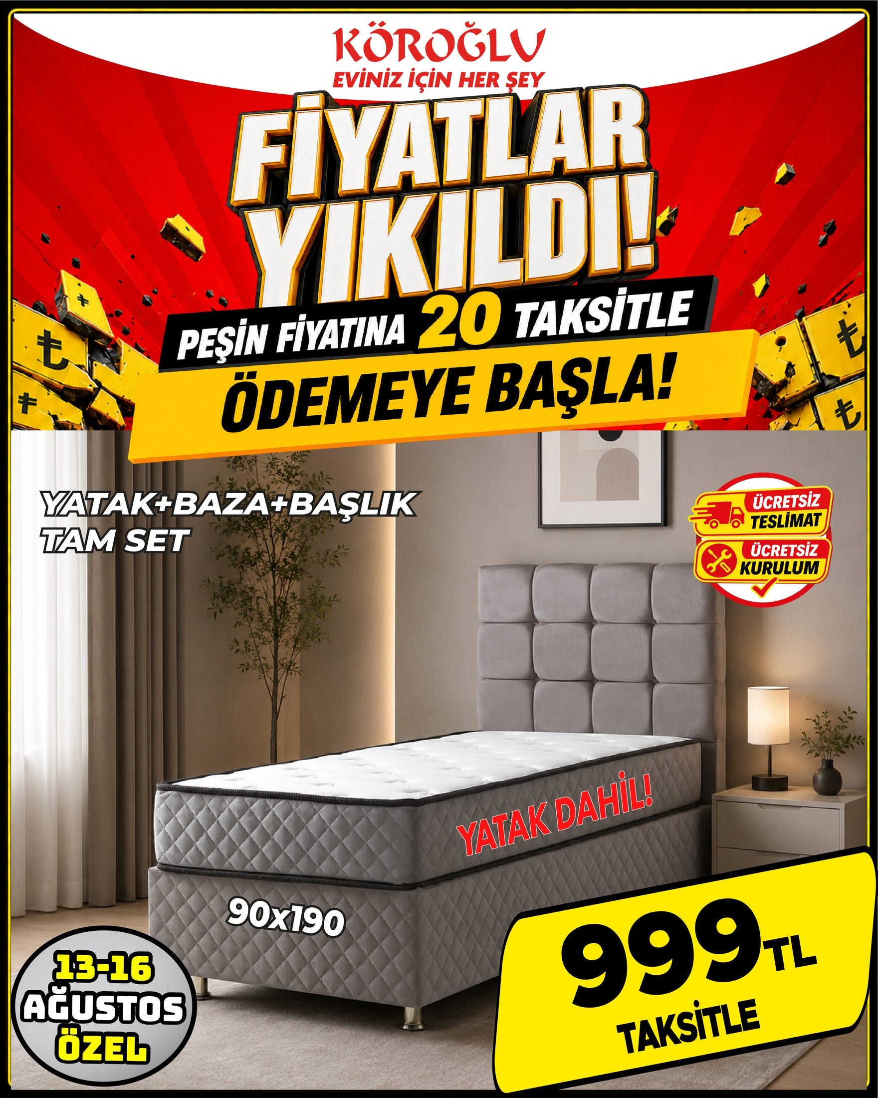Yatak Baza Başlık Tam Set 90x190