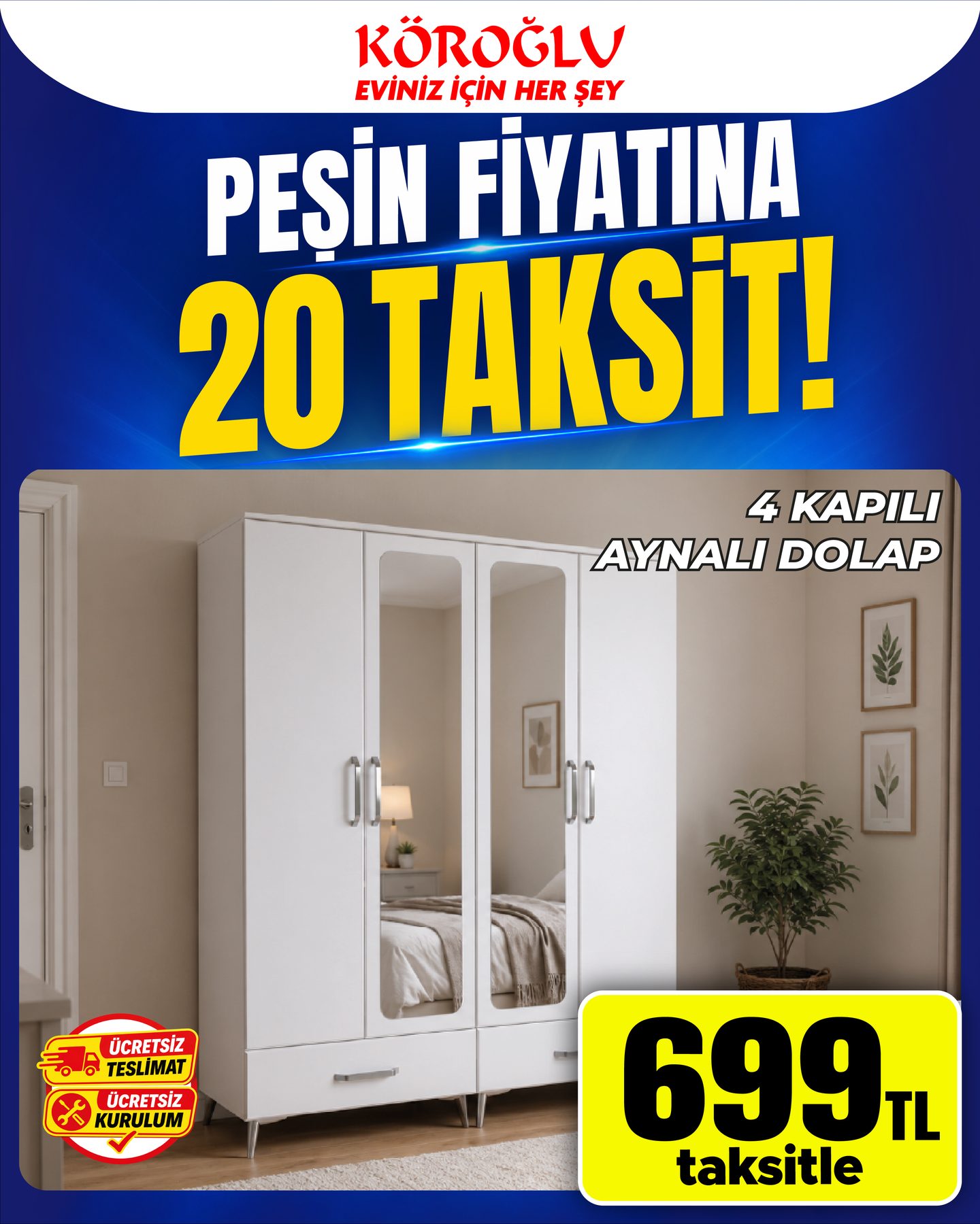4 Kapaklı Aynalı Dolap