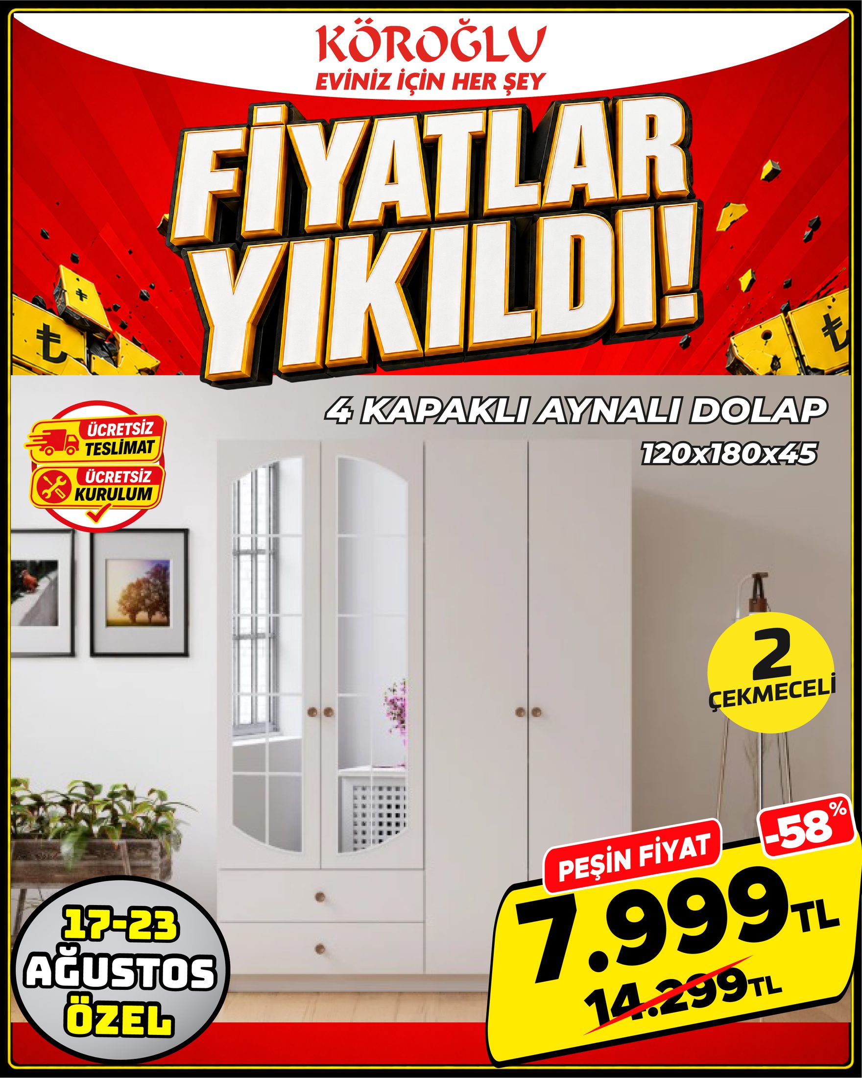 4 Kapaklı Aynalı Dolap