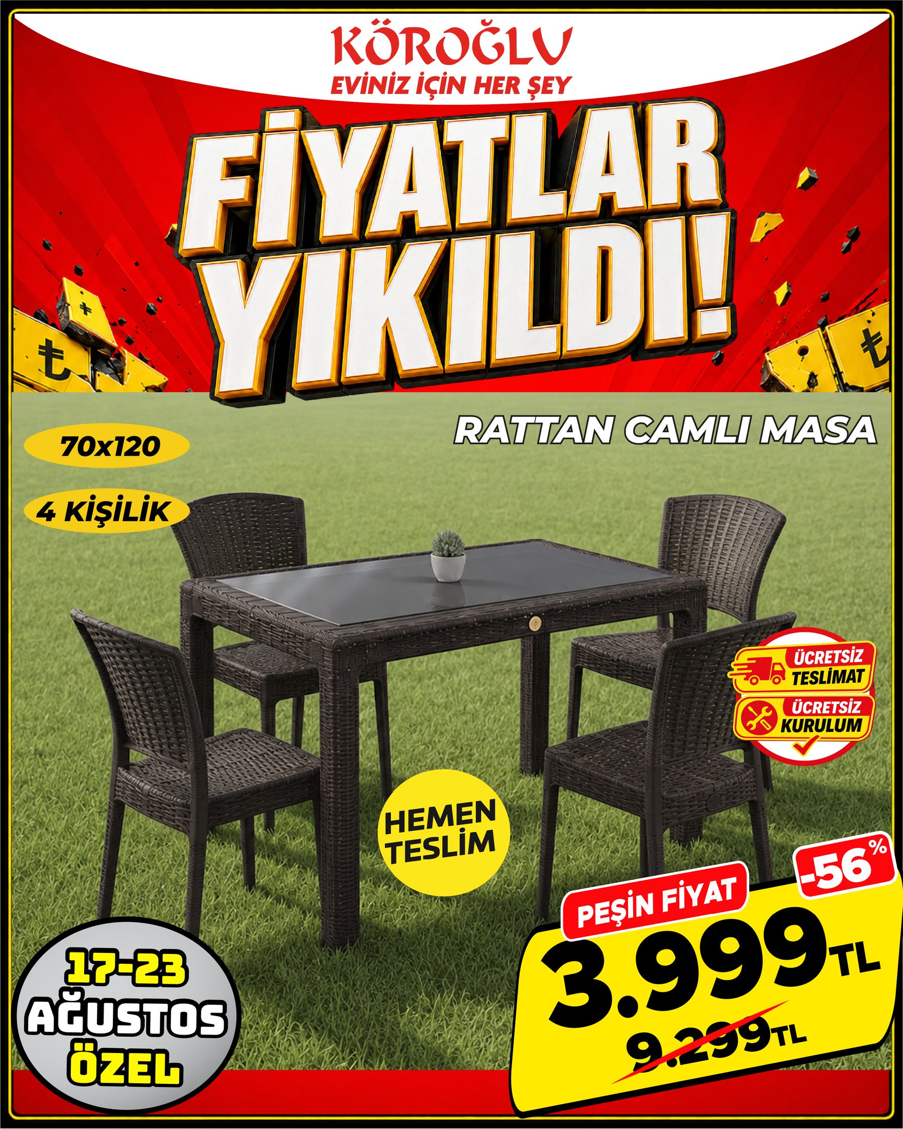 Rattan Camlı Masa Takımı 4 Kişilik