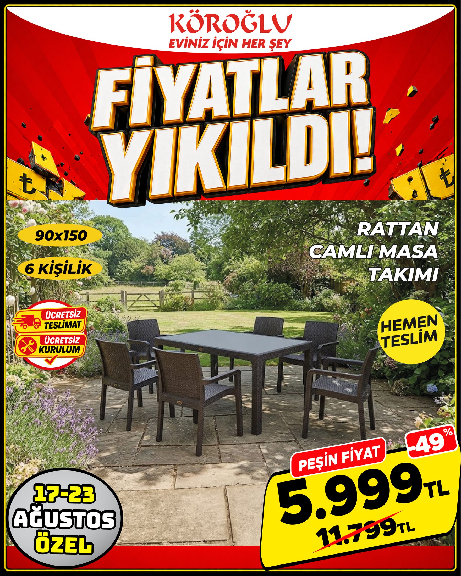 Rattan Camlı Masa Takımı 6 Kişilik