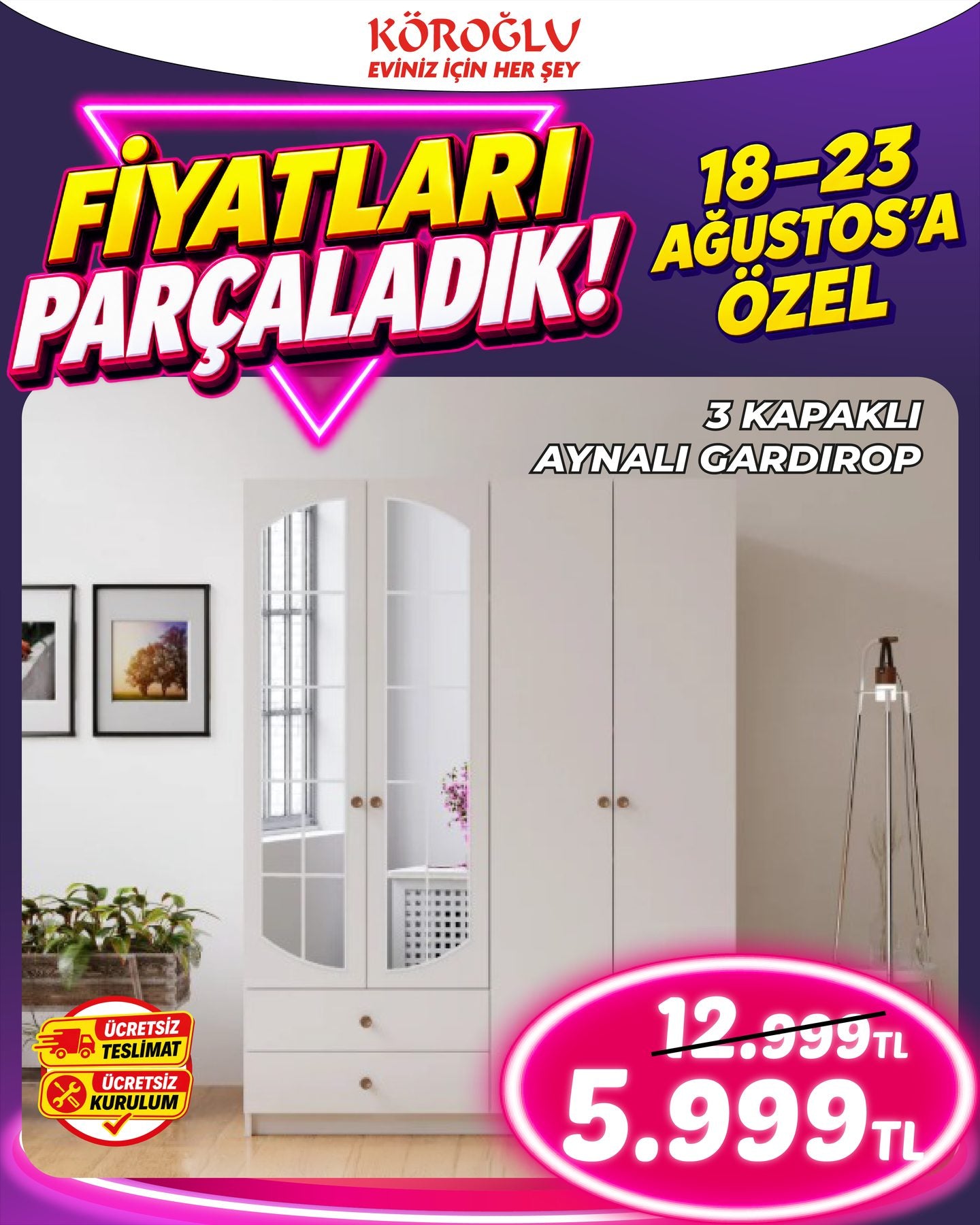 3 Kapaklı Aynalı Gardırop