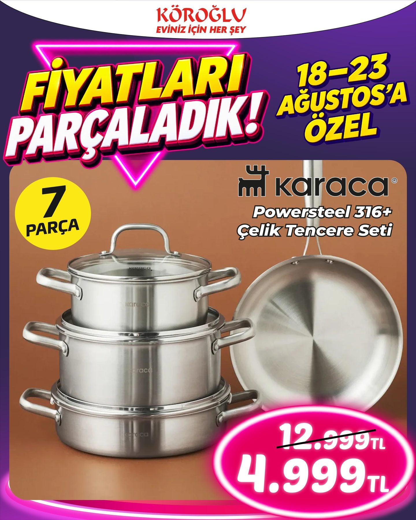 Karaca Powersteel 316 Çelik Tencere Seti 7 Parça