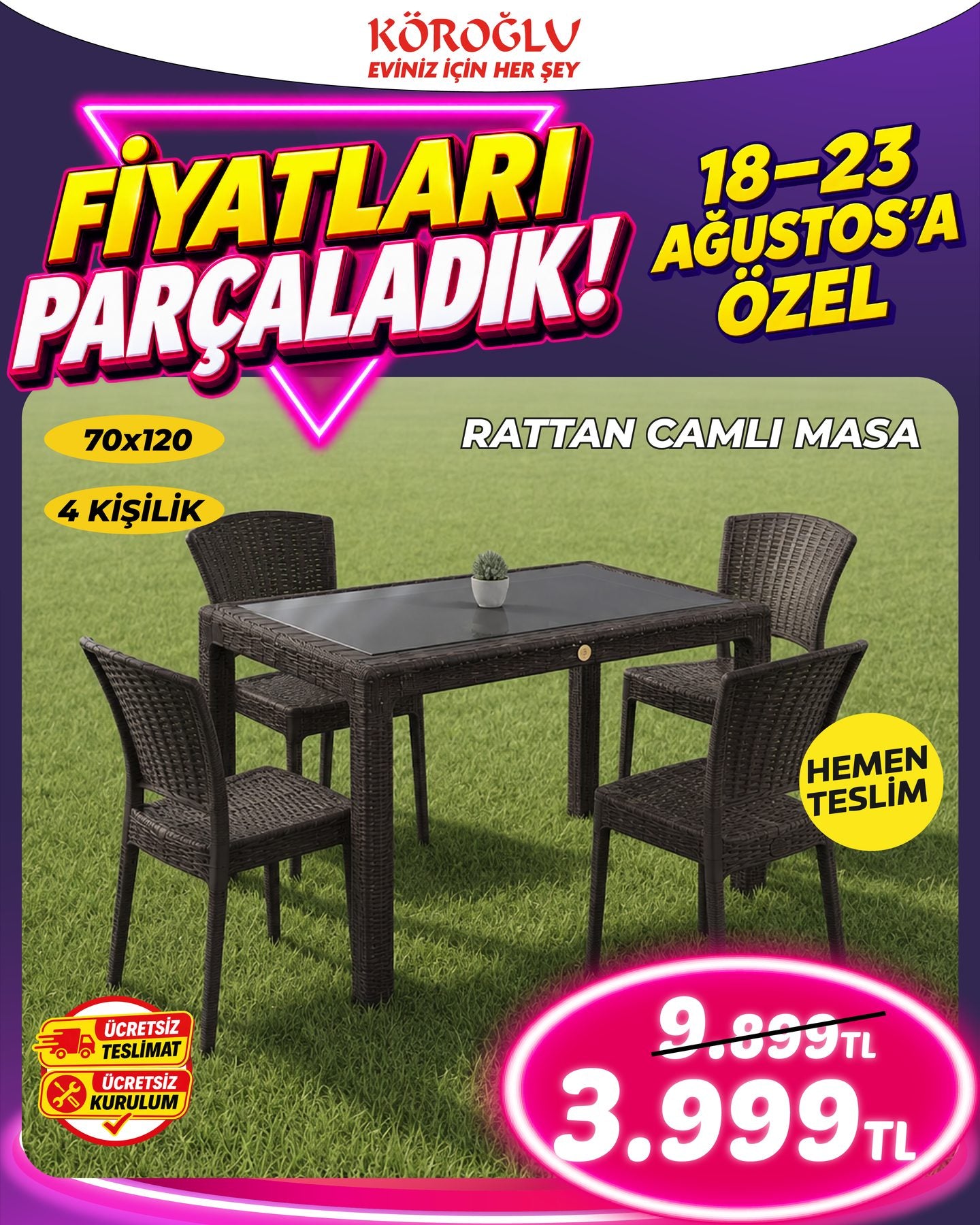 Rattan Camlı Masa Takımı 70x120 4 Kişilik