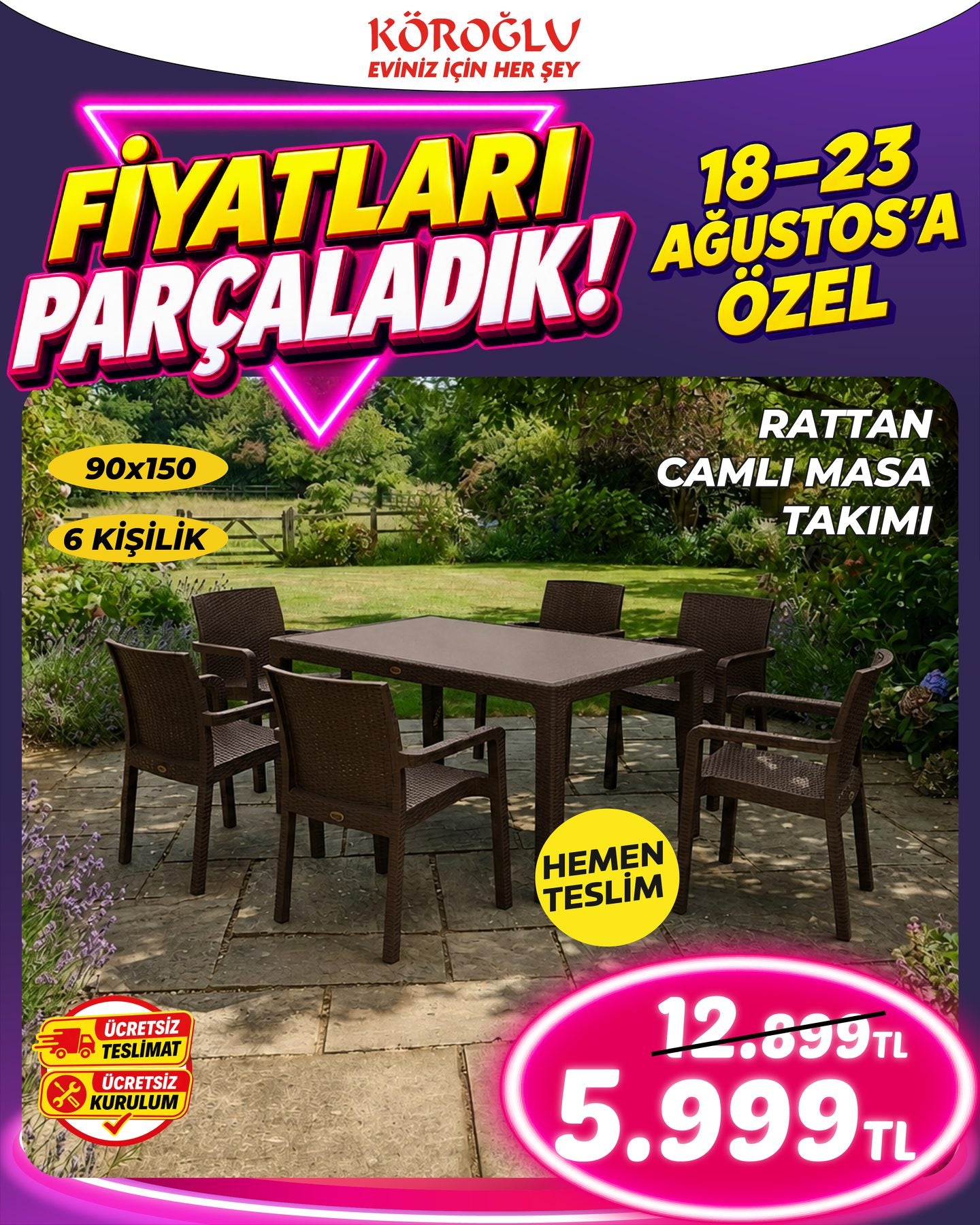 Rattan Camlı Masa Takımı 90x150 6 Kişilik Main image