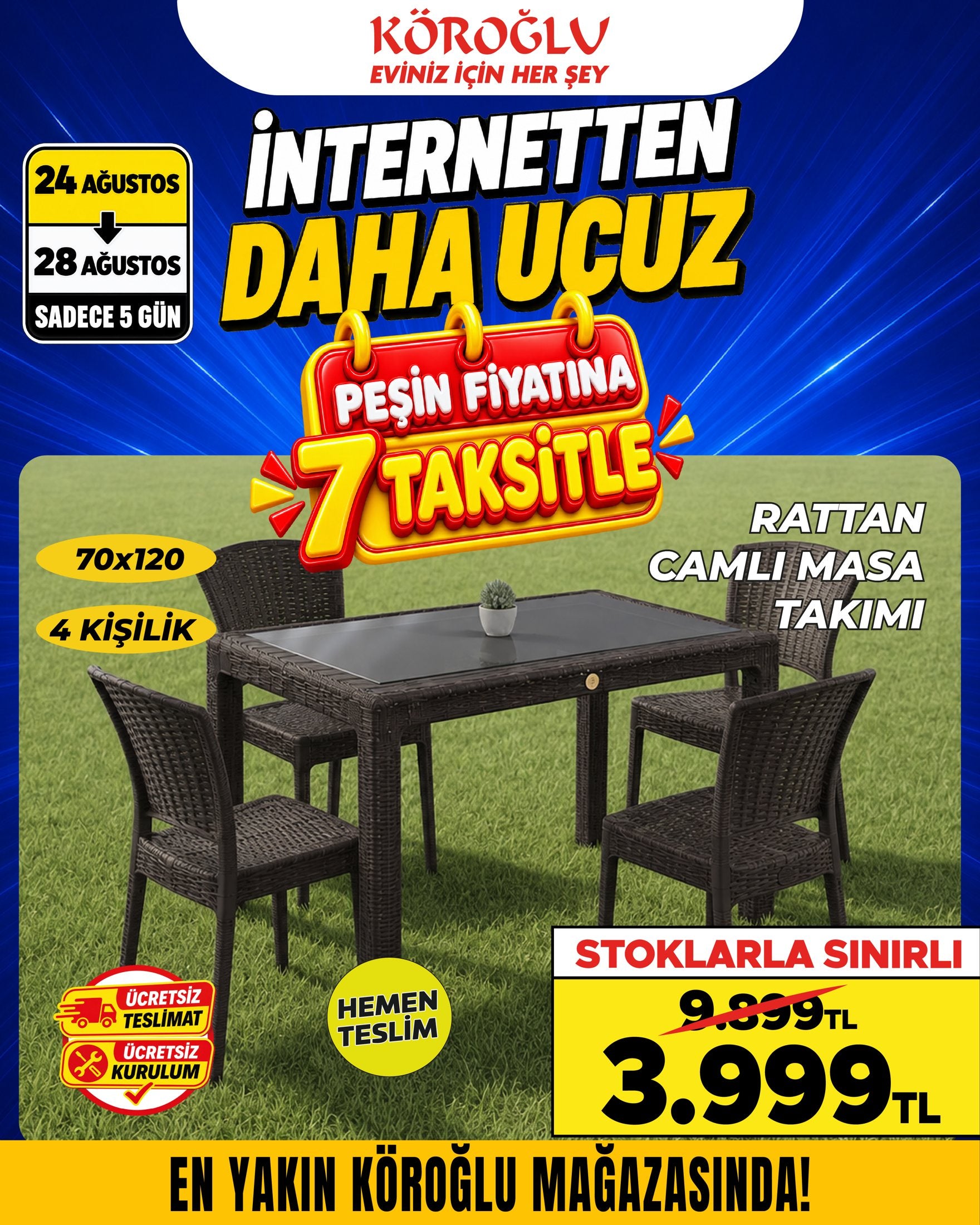 Rattan Camlı Masa Takımı 70x120 4 Kişilik