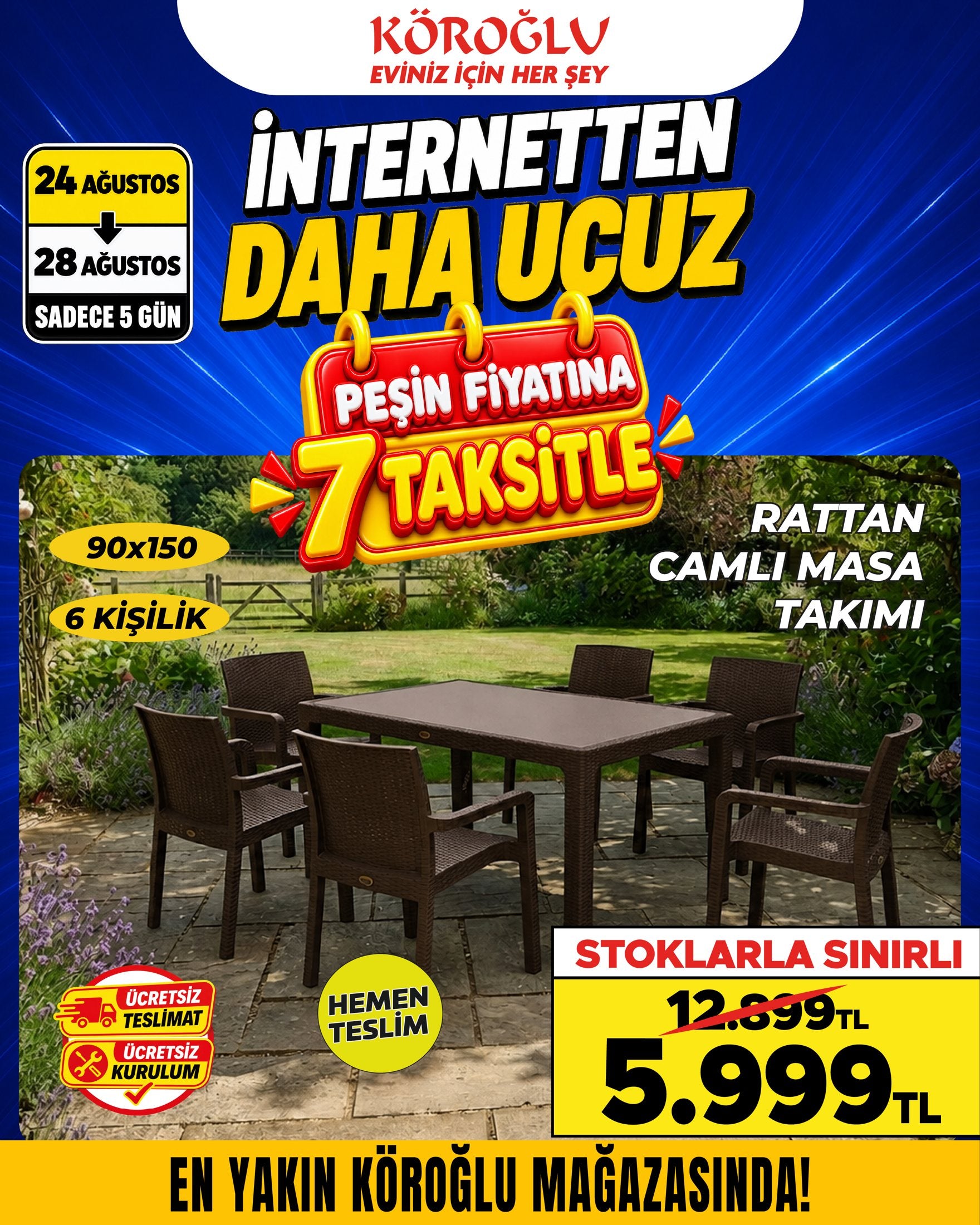Rattan Camlı Masa Takımı 90x150 6 Kişilik Main image
