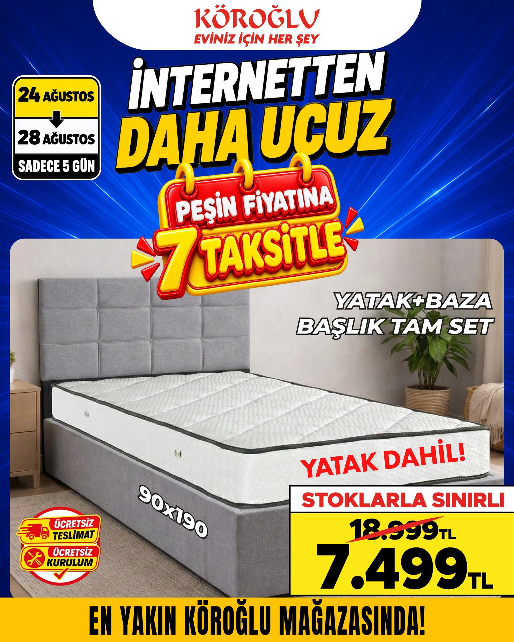 Yatak Baza Başlık Tam Set 90x190