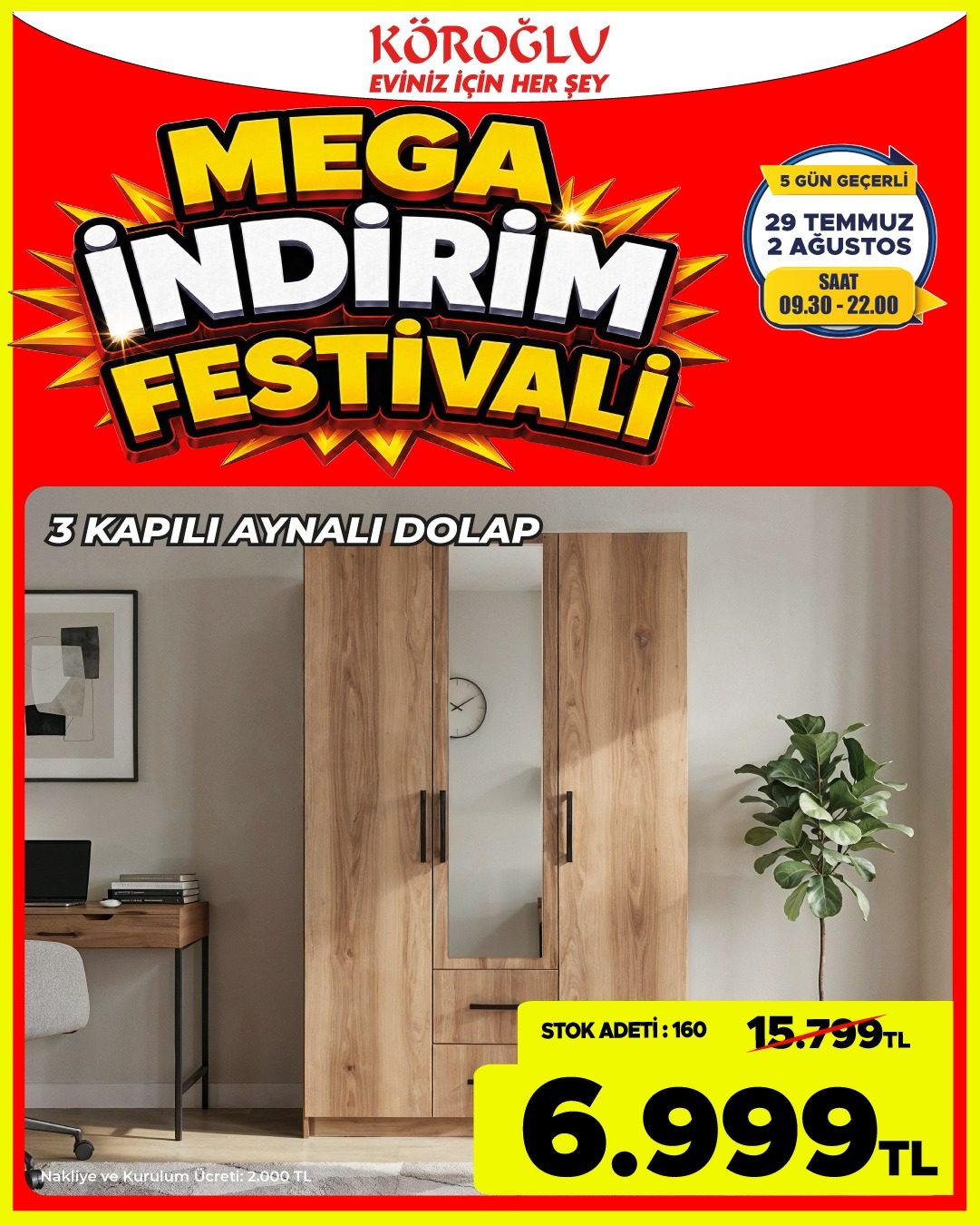 3 Kapili Aynalı Dolap