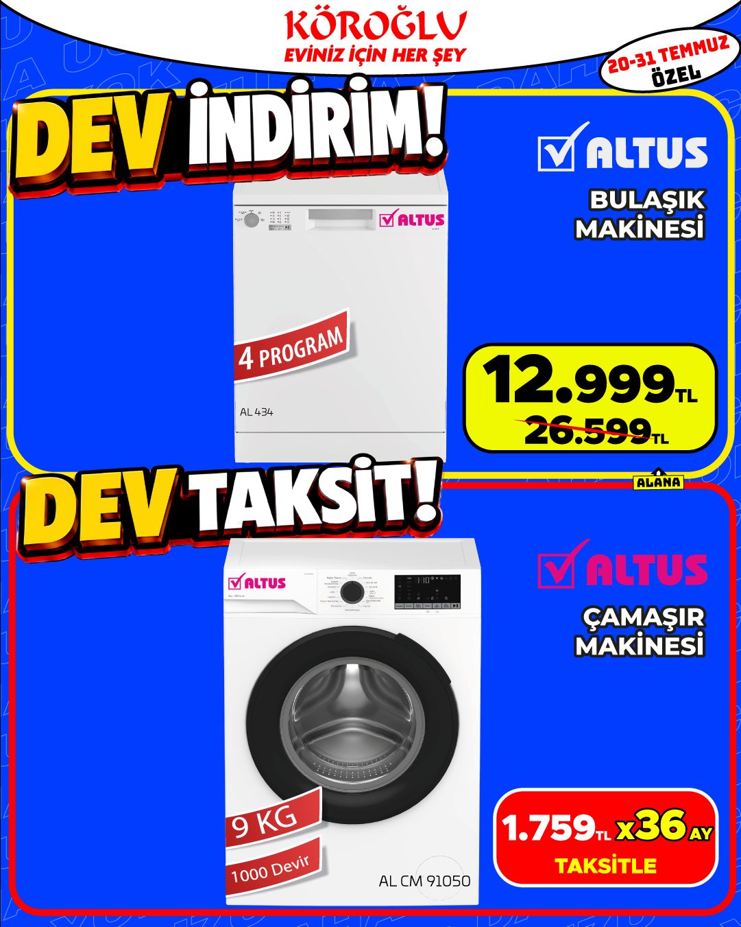 Altus Bulaşık Makinesi ve Altus Çamaşır Makinesi