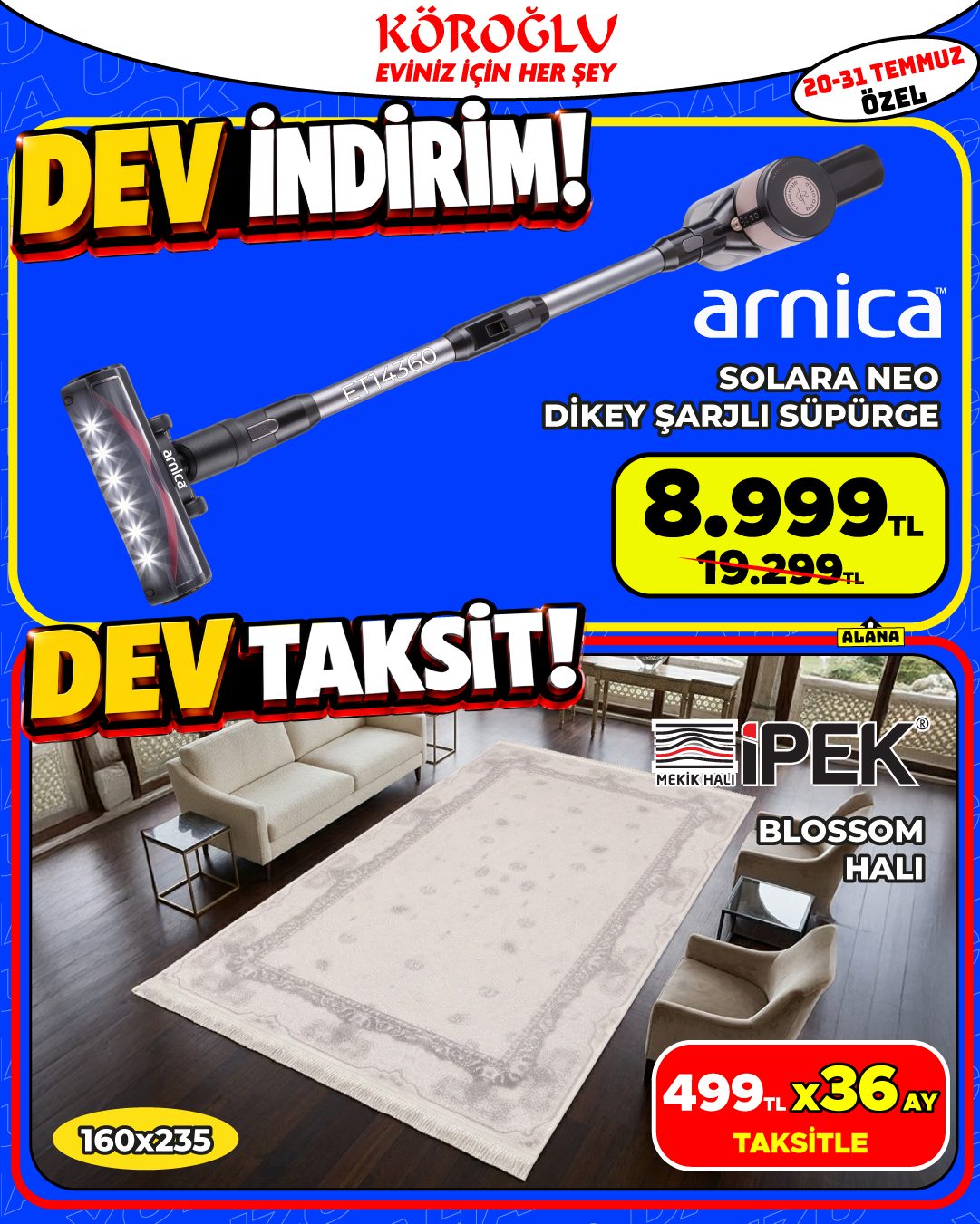 Arnica Solara Neo Dikey Şarjlı Süpürge ve İpek Blossom Halı