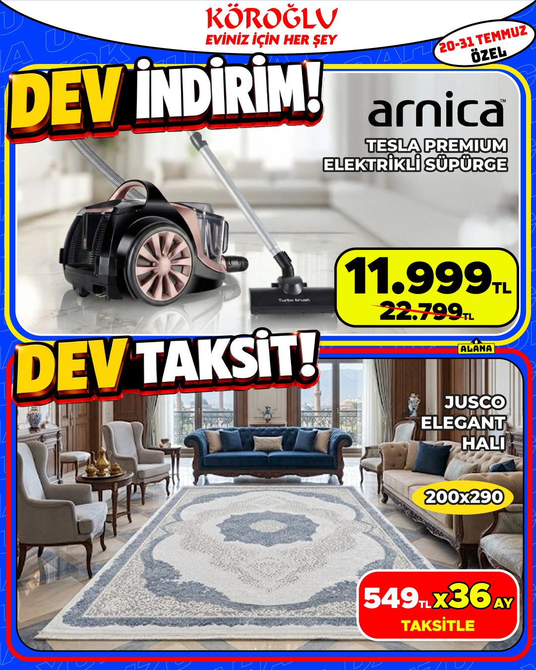 Arnica Tesla Premium Elektrikli Süpürge ve Jusco Elegant Halı