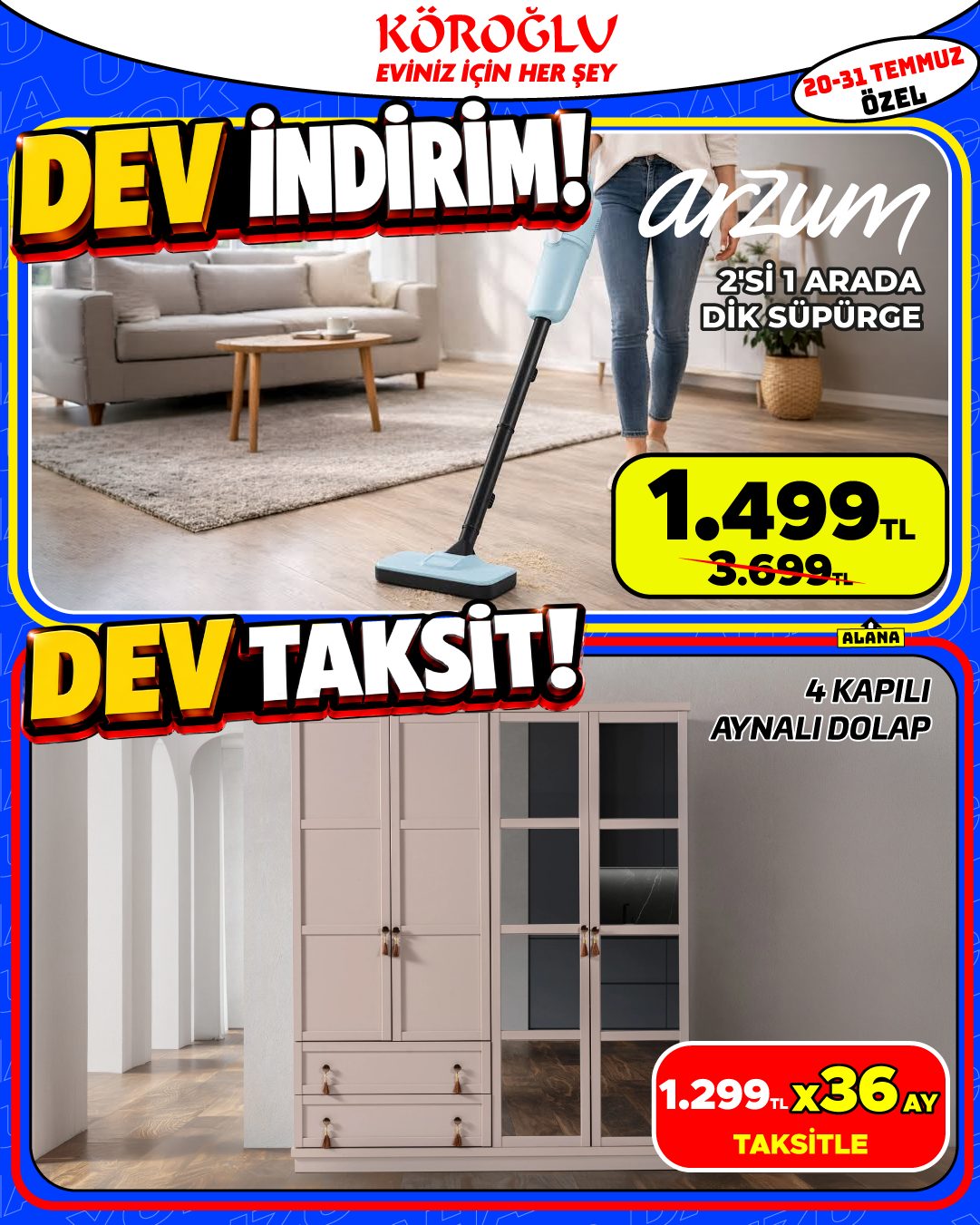 Arzum 2'si 1 Arada Dik Süpürge ve 4 Kapılı Aynalı Dolap