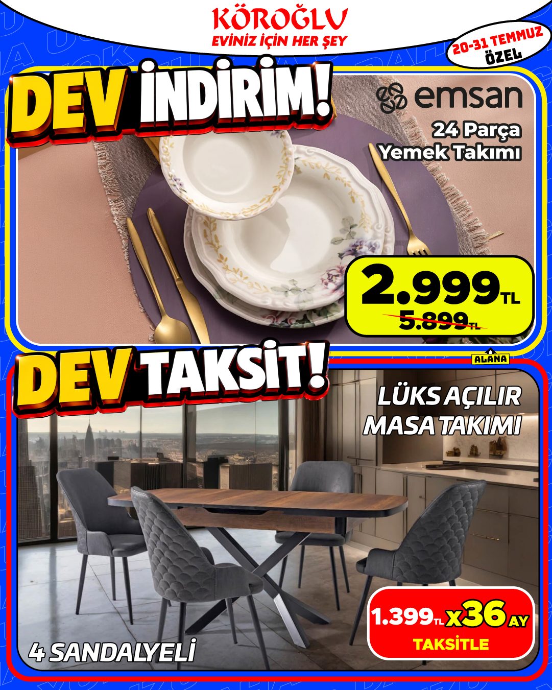 Emsan 24 Parça Yemek Takımı ve Lüks Açılır Masa Takımı Main image