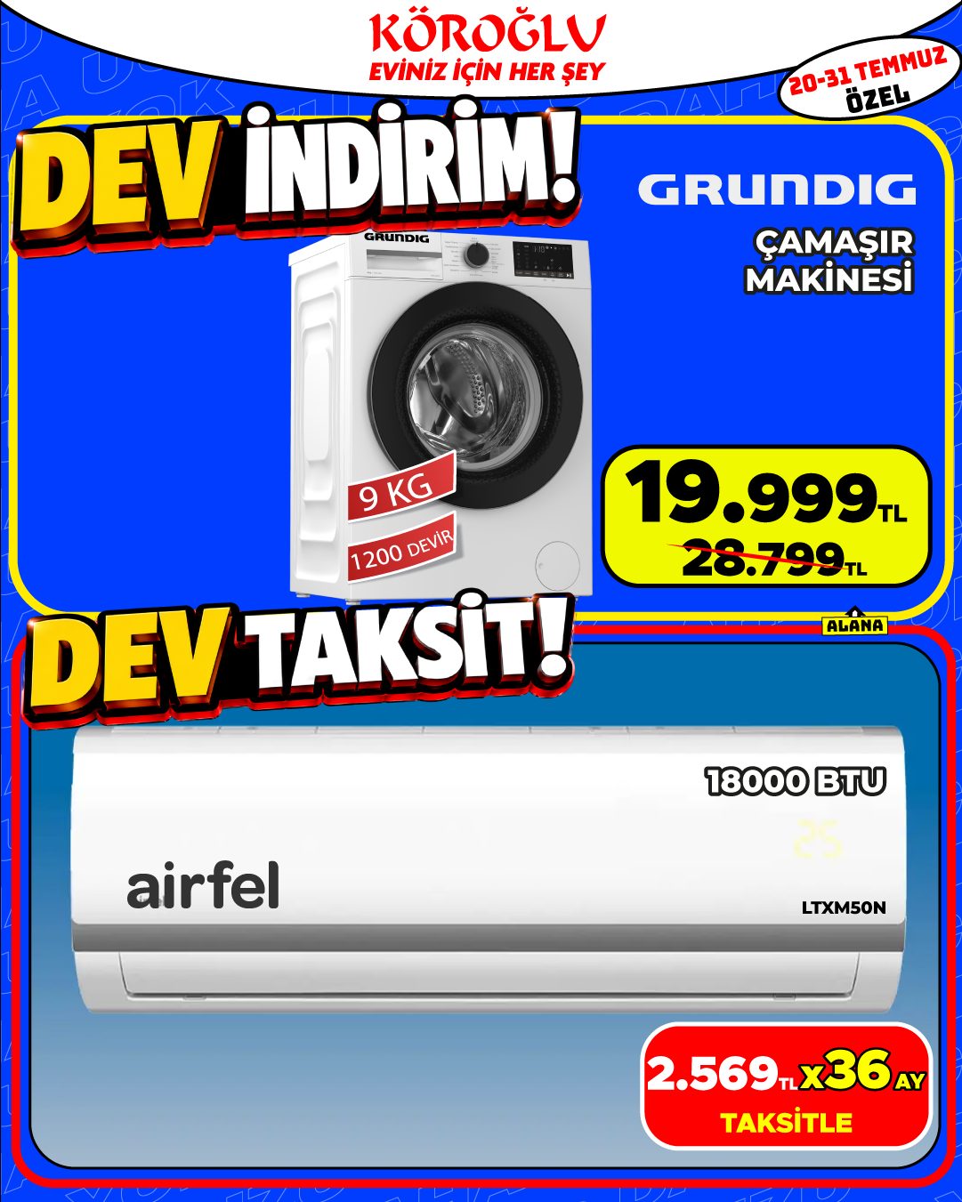 Grundig Çamaşır Makinesi ve Airfel 18000 BTU Klima