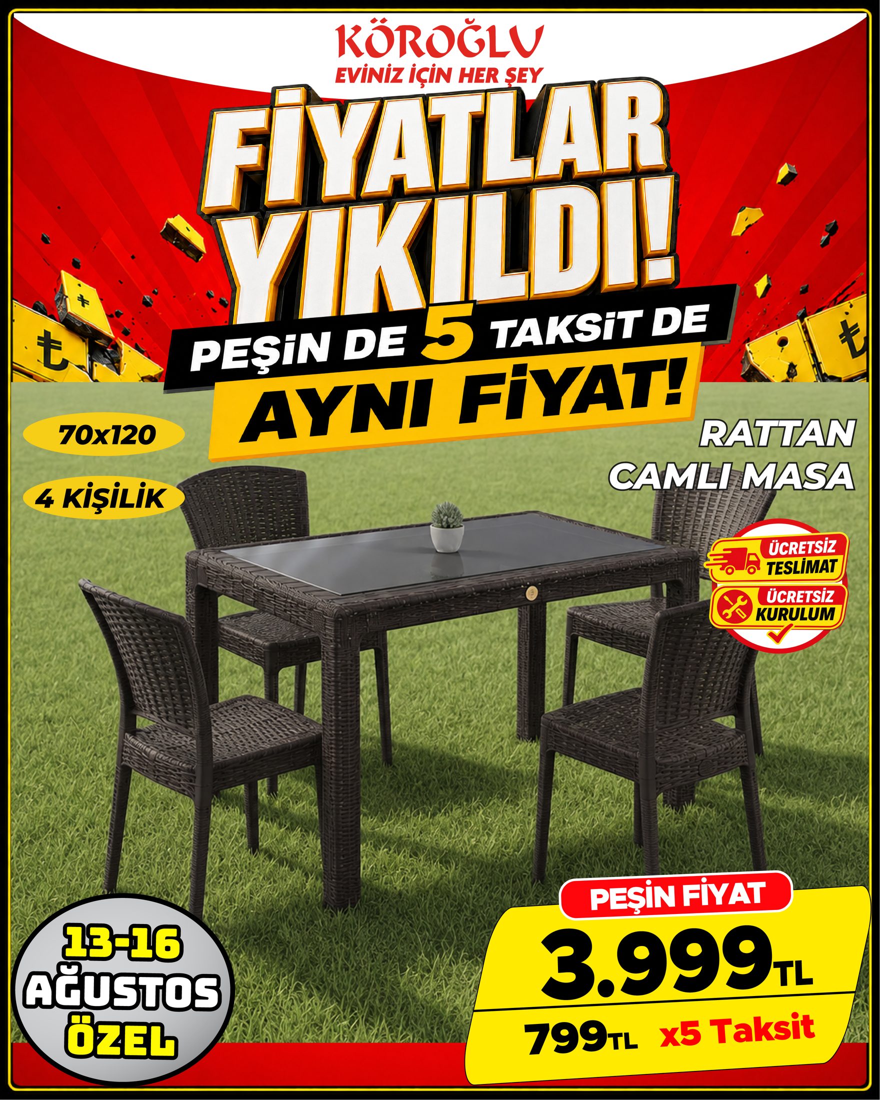 Rattan Camlı Masa Takımı 4 Kişilik Main image