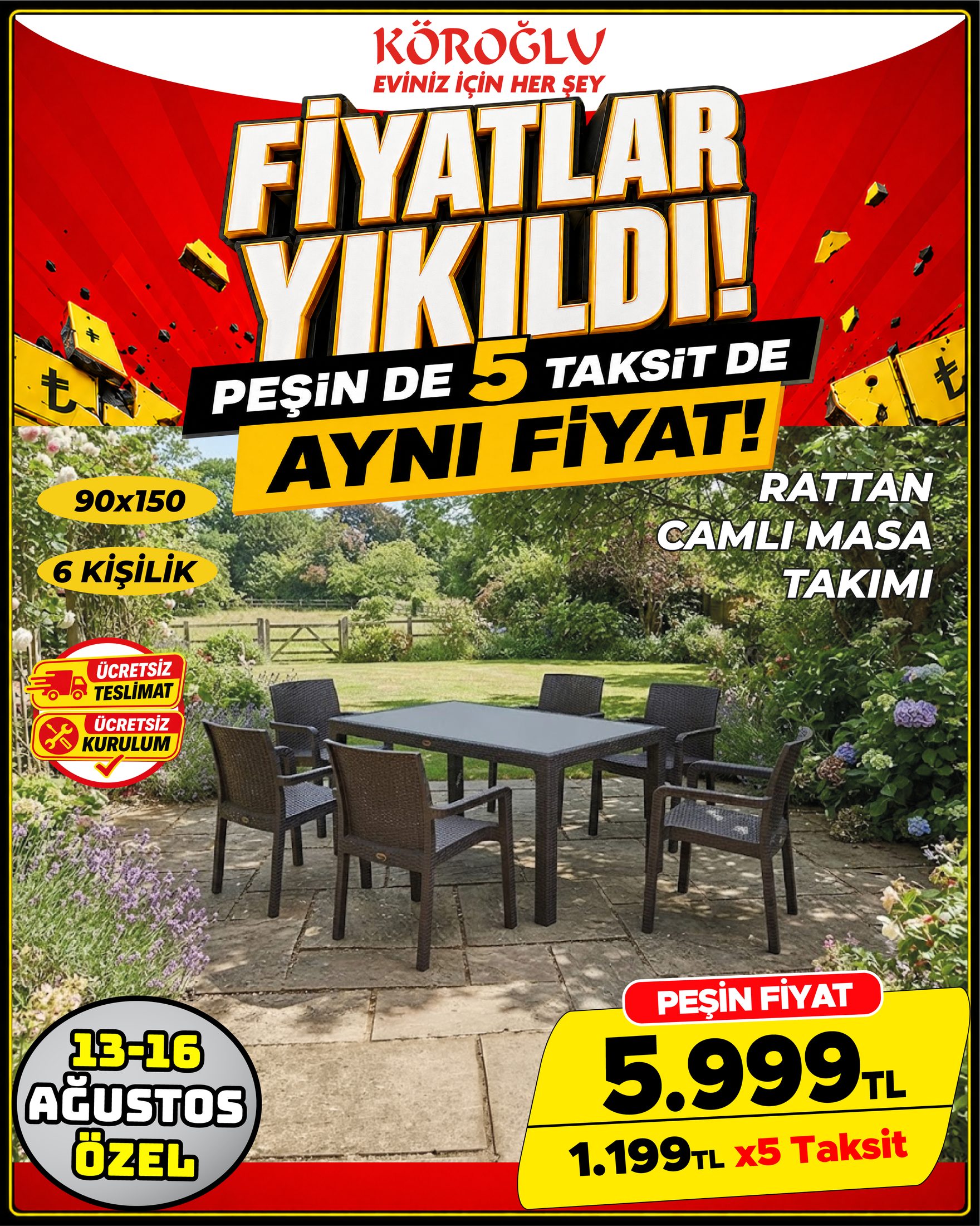 Rattan Camlı Masa Takımı 6 Kişilik