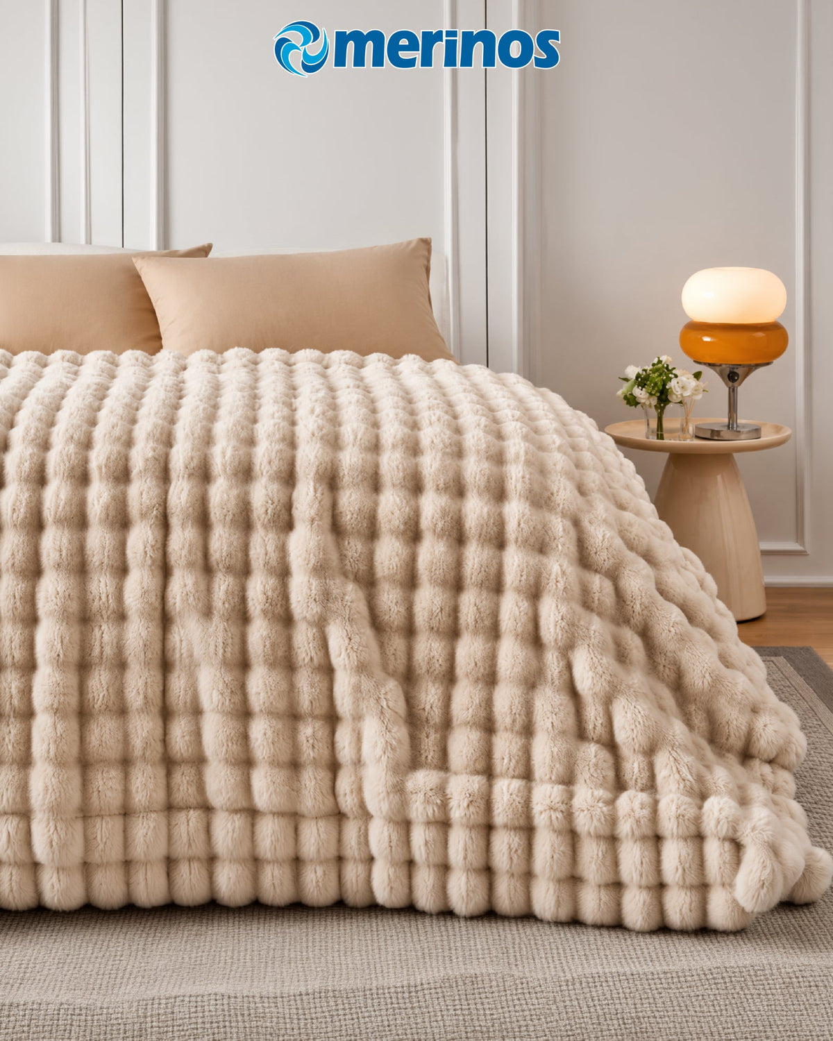 Merinos Angora Kürk Bubble Battaniye 220x240 Kutulu Bej Ürün ana görseli