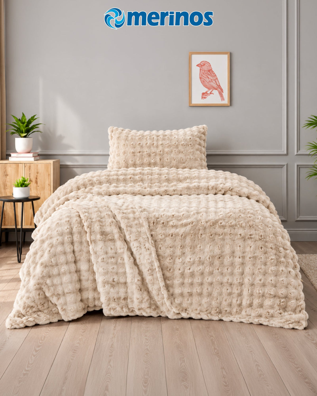 Merinos Diamond Kürk Yorgan Seti Tek Kişilik Bubble Bej Ürün ana görseli
