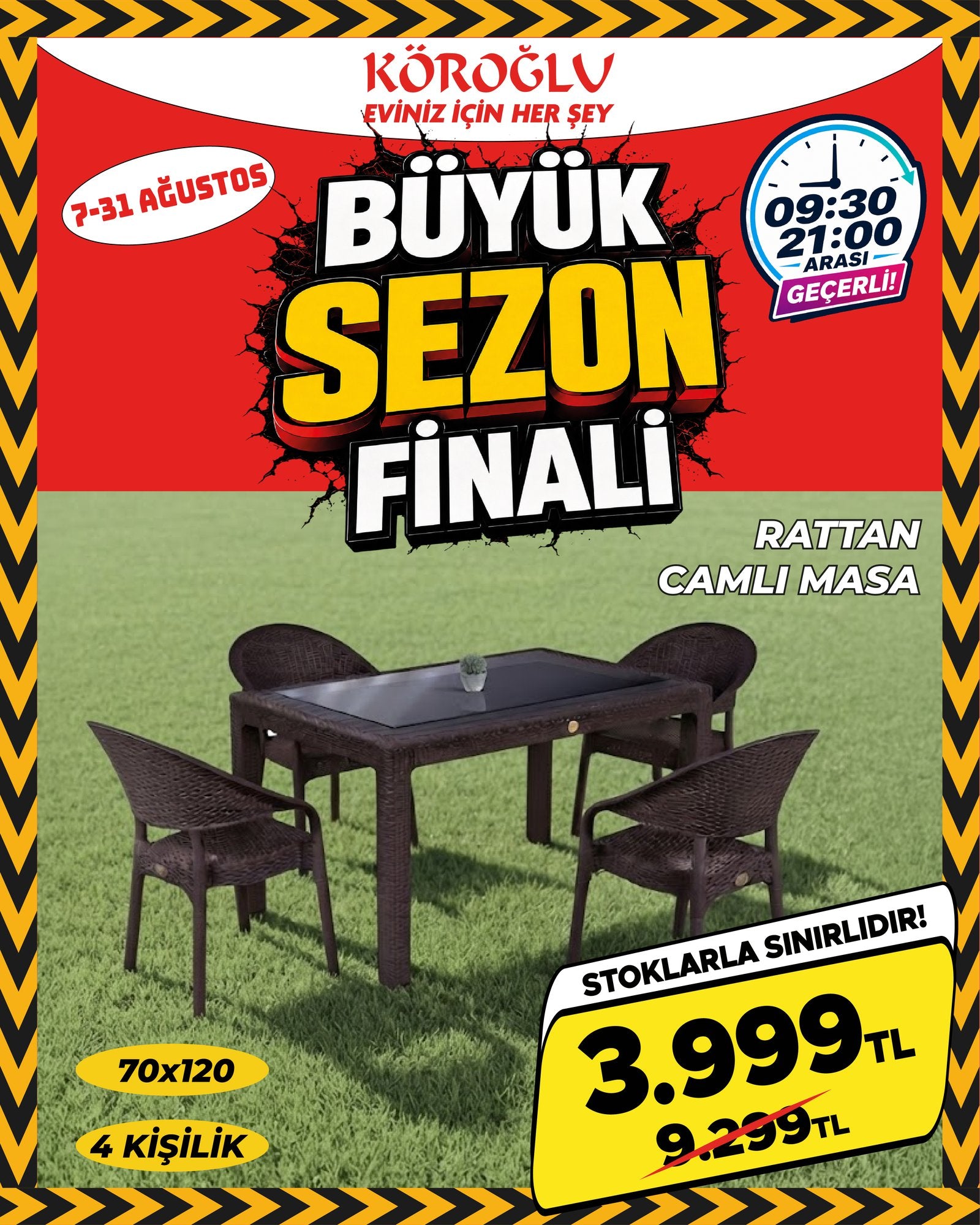 Rattan Camlı Masa Takımı 4 Kişilik 70x120 cm Main image