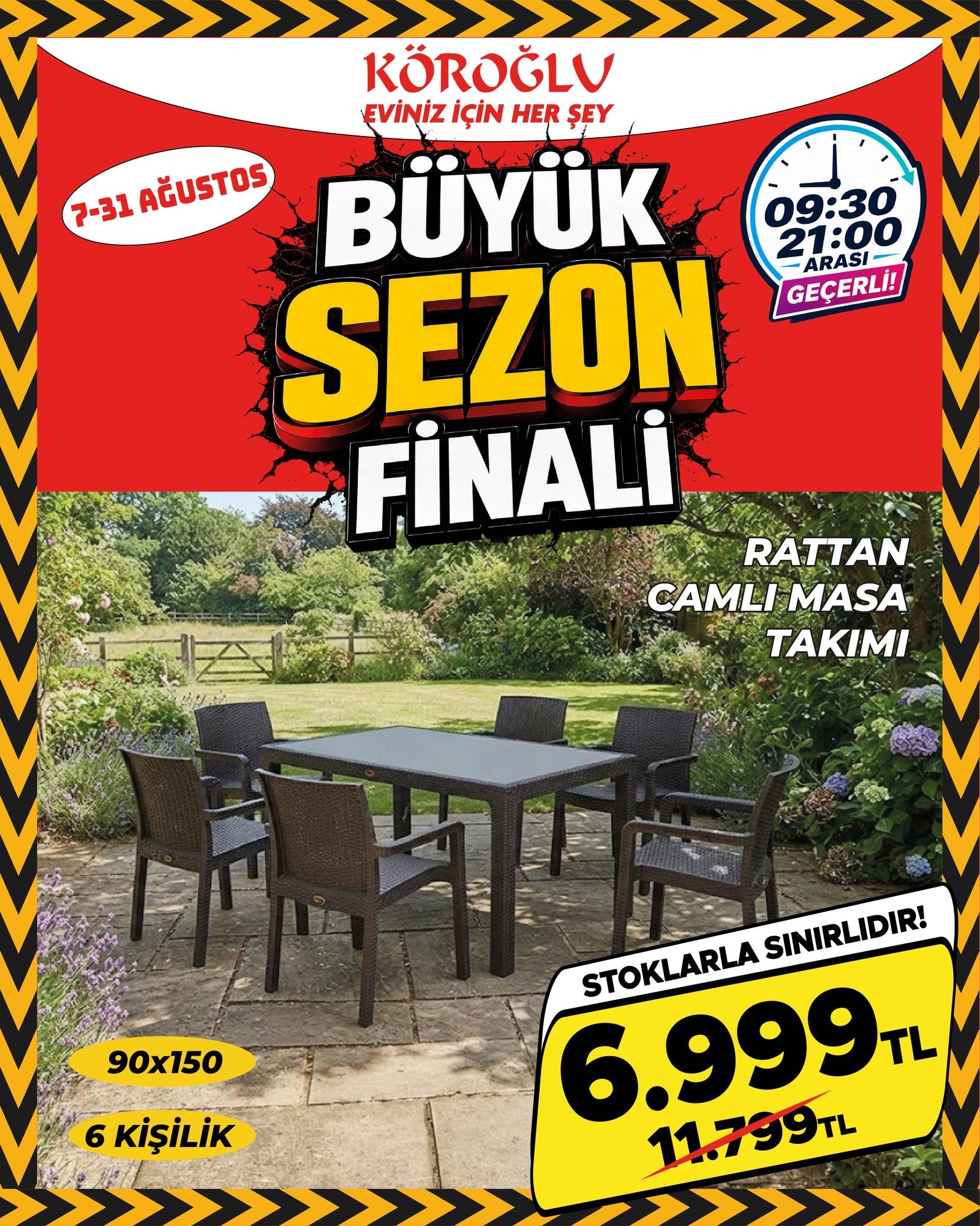 Rattan Camlı Masa Takımı 6 Kişilik 90x150 cm Main image