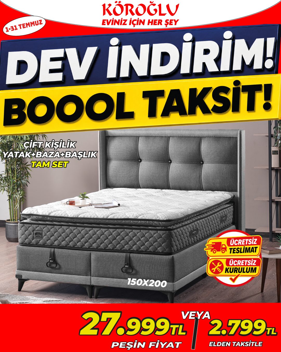 Çift Kişilik Yatak Baza Başlık Tam Set