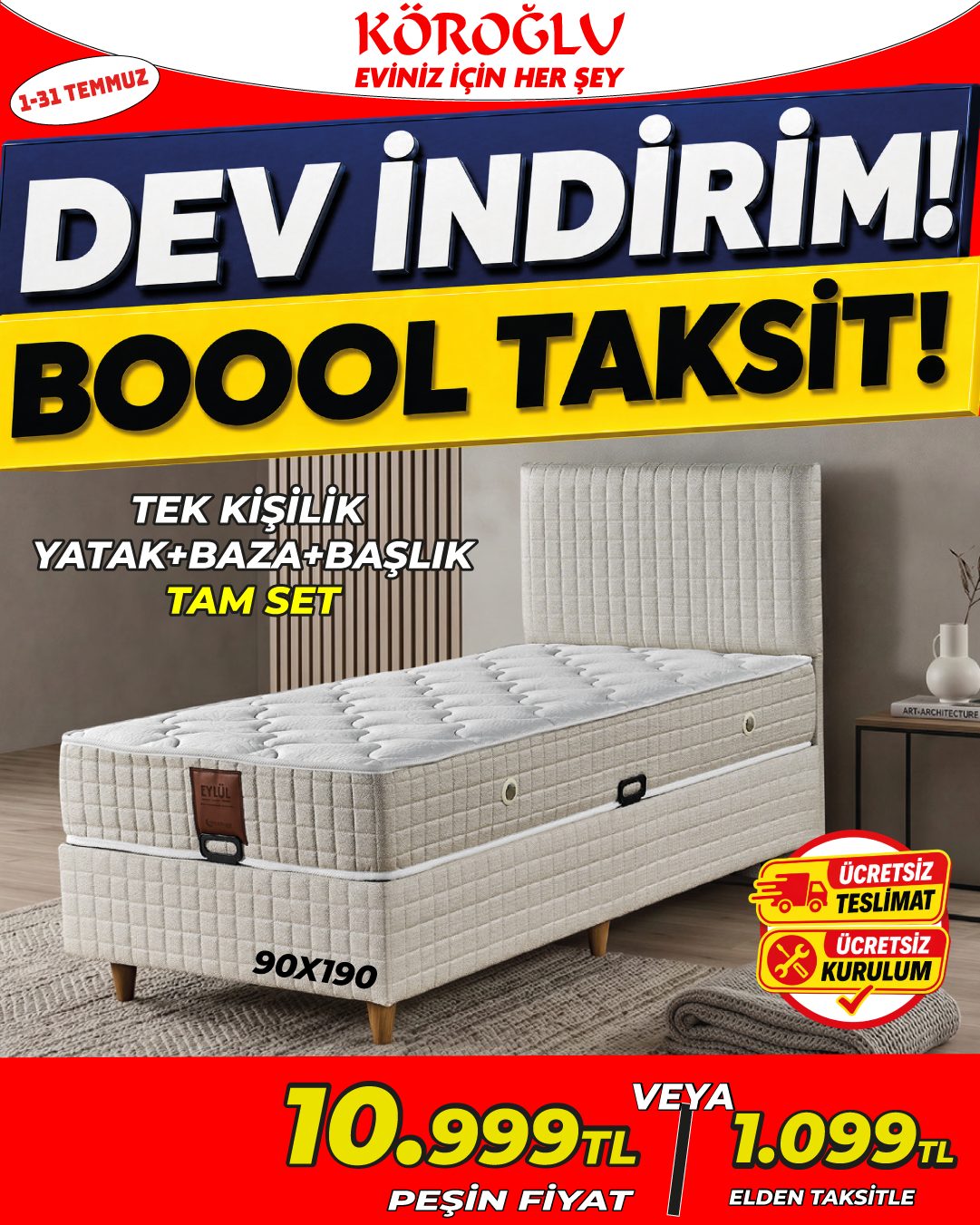 Tek Kişilik Yatak Baza Başlık Tam Set