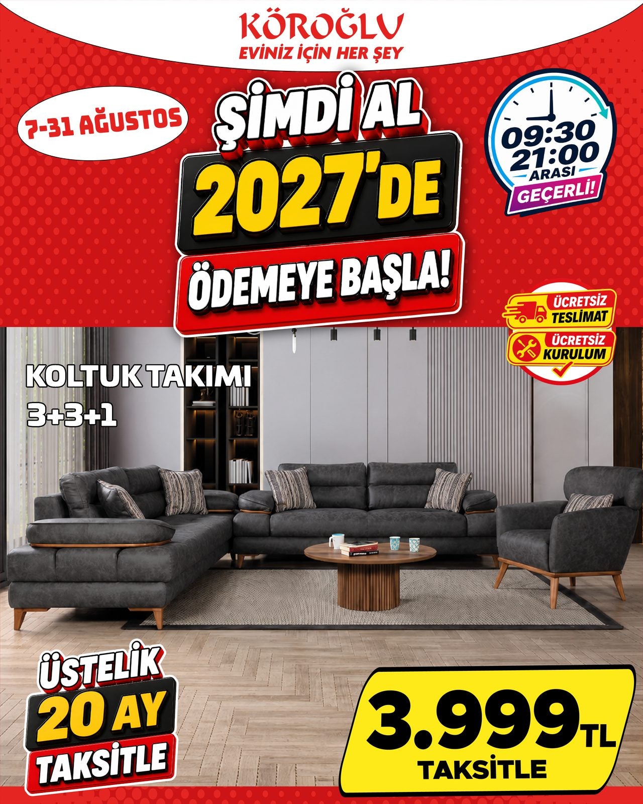 Koltuk Takımı 3+3+1 Gri