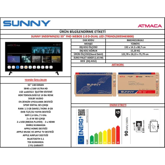 Sunny 55" SN55FMN252-0276MTR 140 Ekran Webos 4K Ultra HD